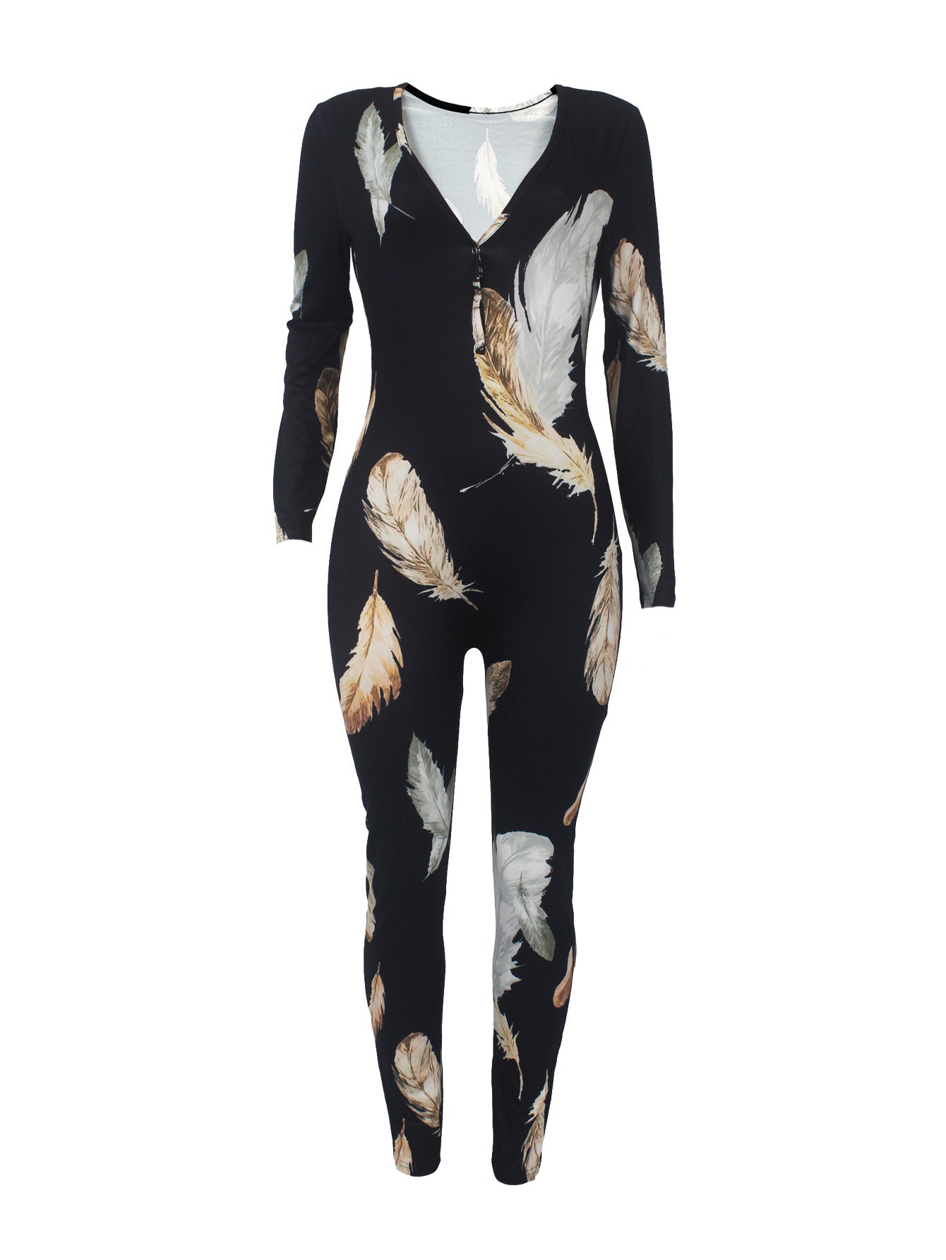 Women's Sexy Fashion Pattern Print Deep V-Neck Long Sleeve Tight Slim Jumpsuit 46