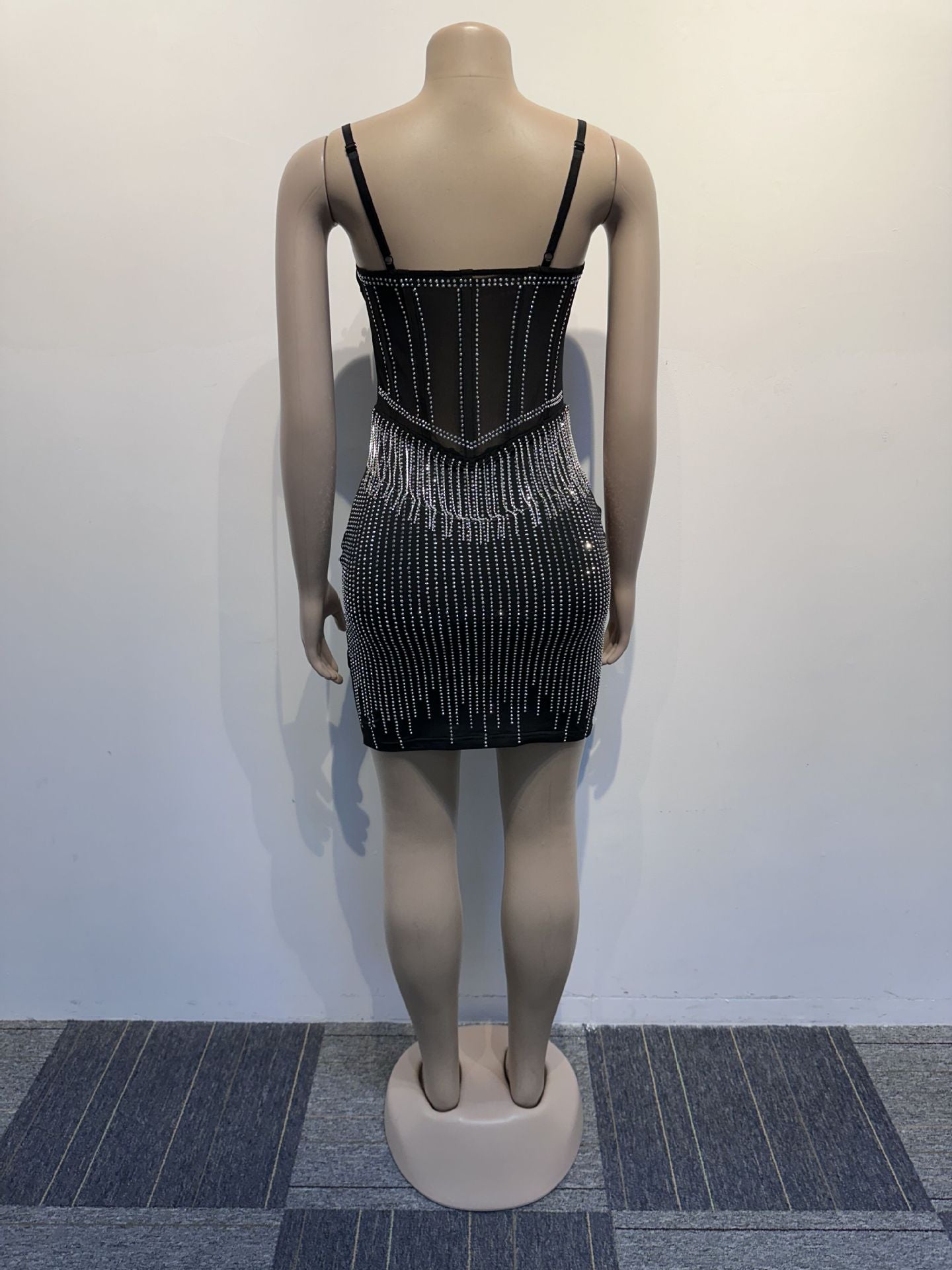 Women Beaded Pearl Hollow Ribbon Bodycon Stretch Strap Dress 13