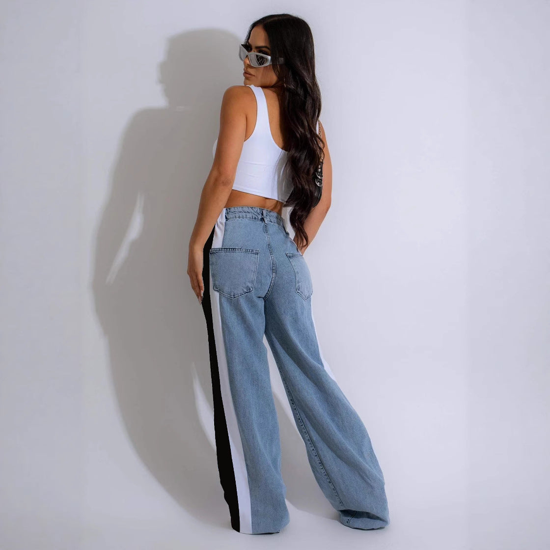 Women's street fashion leopard print patchwork straight denim trousers 6