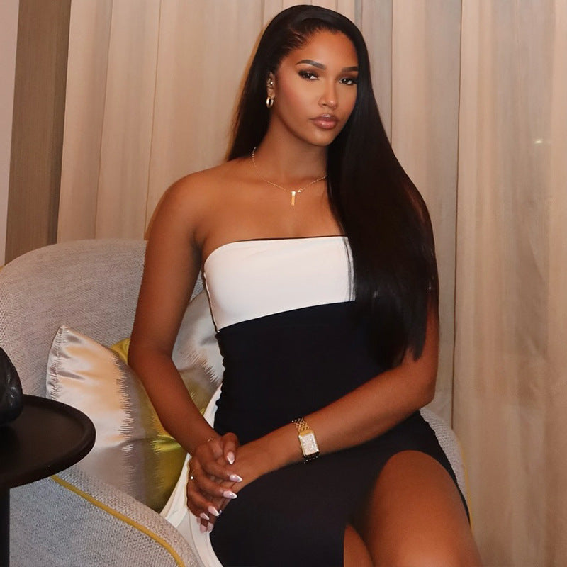 Women's Black-White Contrast Off-Shoulder Low-Back Slit Dress 5