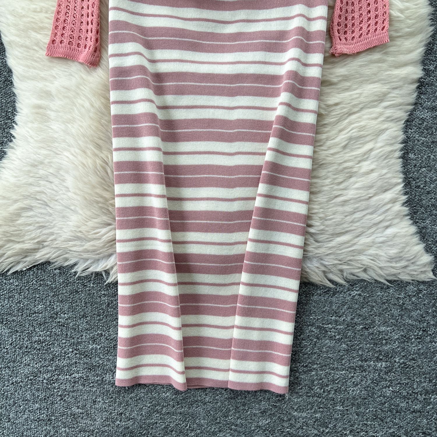 Tie Up Cardigan Low Back Strap Slim Fit Chic Stripes Knitting Dress 19
