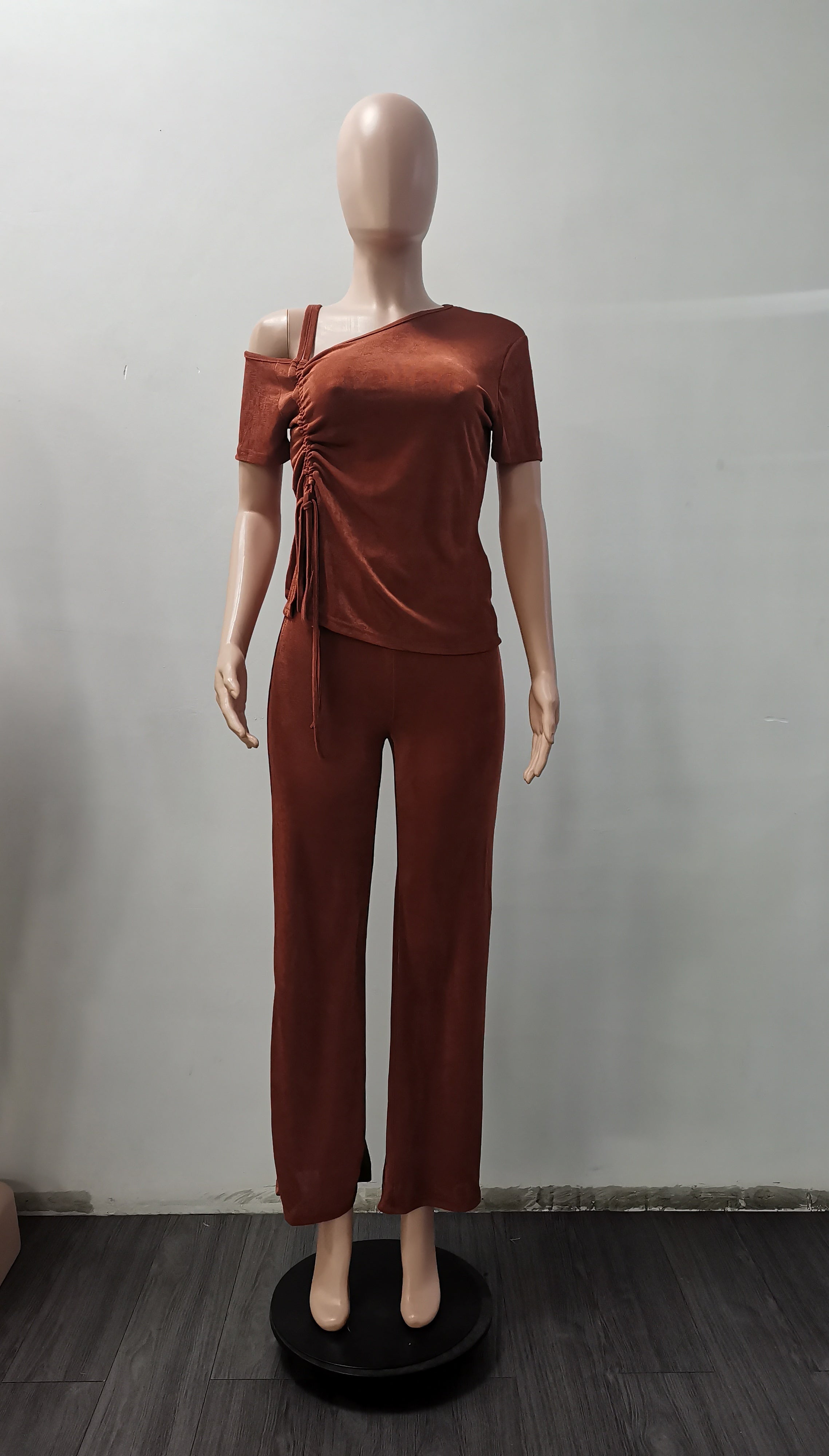 Women's Spring  Slash Shoulder Short Sleeve Pleated Slim Sexy Two-Piece Pants Set 16