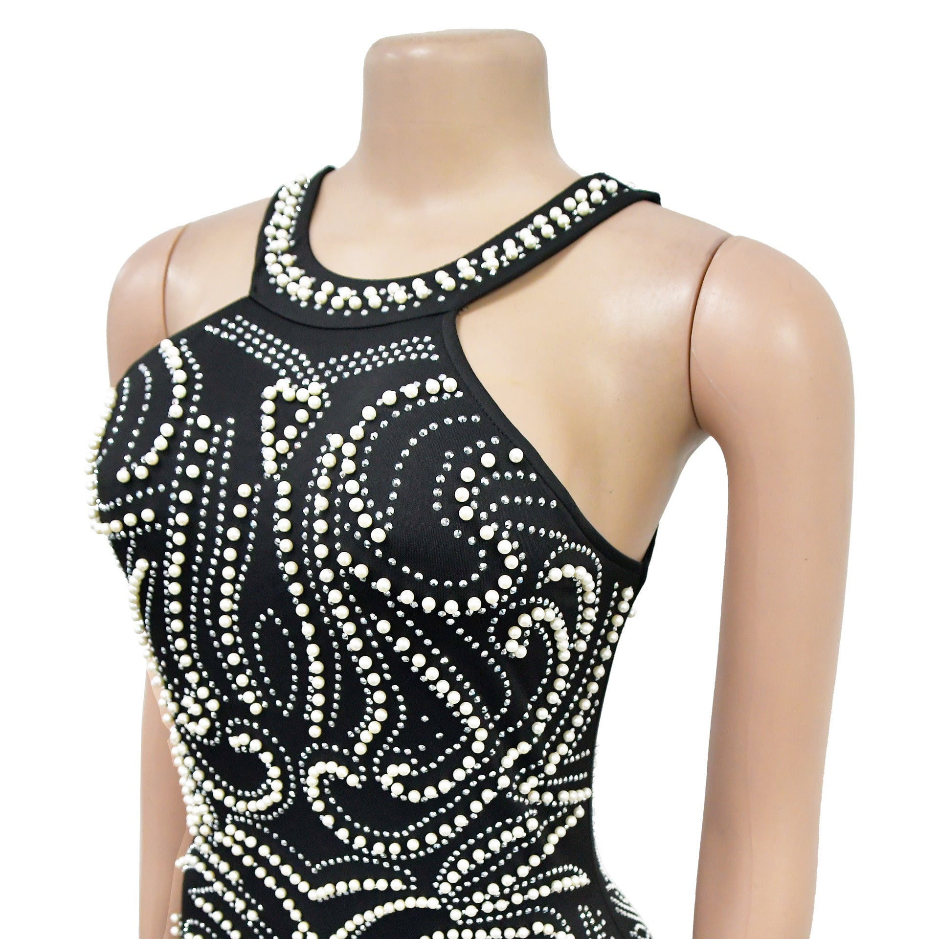 Women Solid Beaded Slit Backless Dress 11