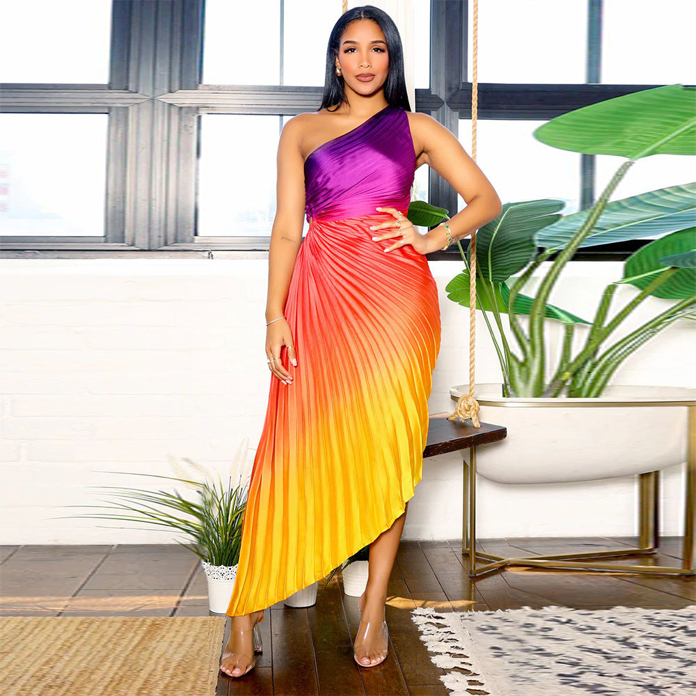 Women Printed Slash Shoulder Pleated Dress 4