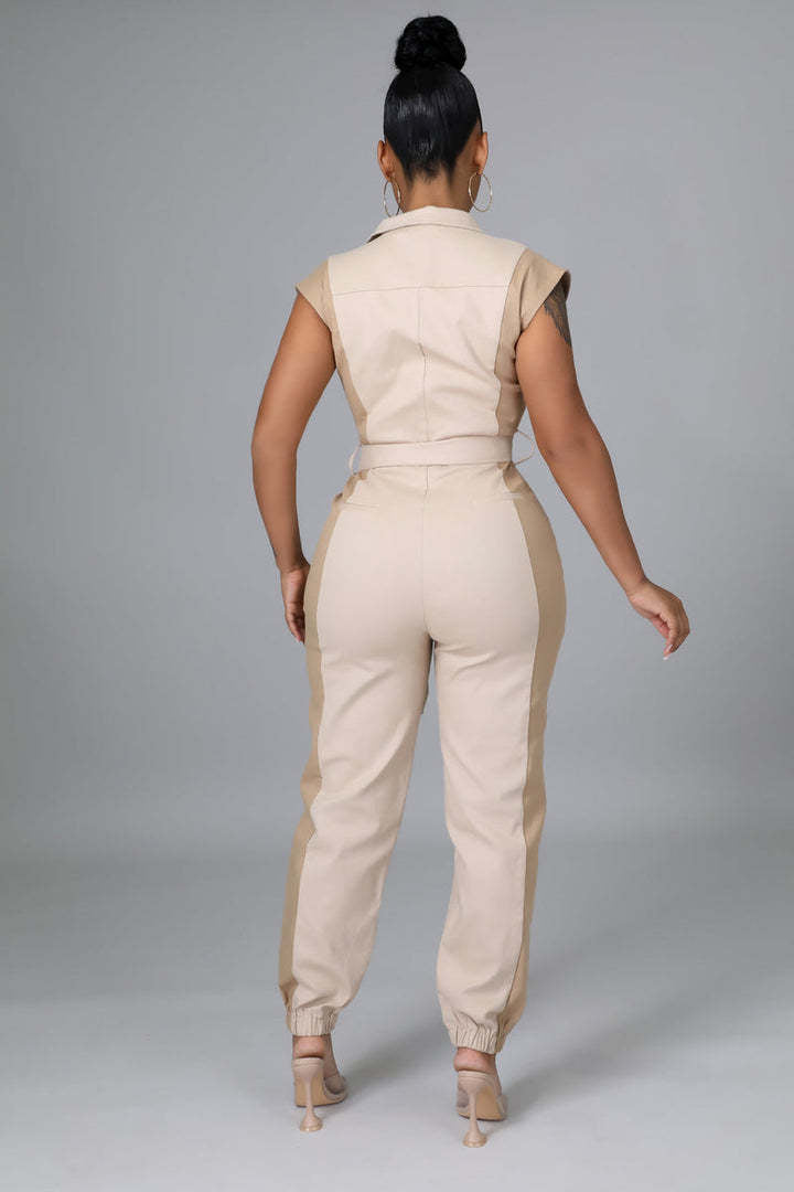 Women's Color Matching Fashion Turndown Collar Button Belt Jumpsuit 12