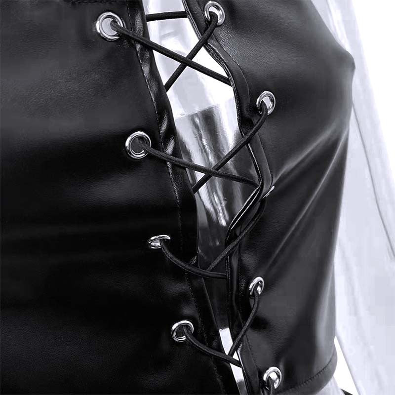 Women Sexy Halter Neck Lace-Up Top and Pu-Leather Pants Two-Piece Set 14