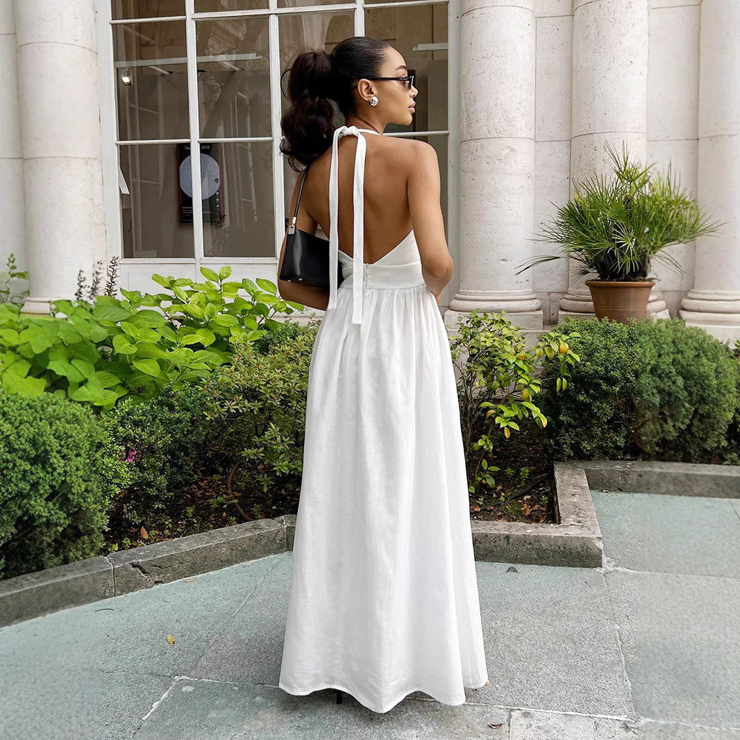 Women Spring Summer Solid v-neck Backless Lace Dress