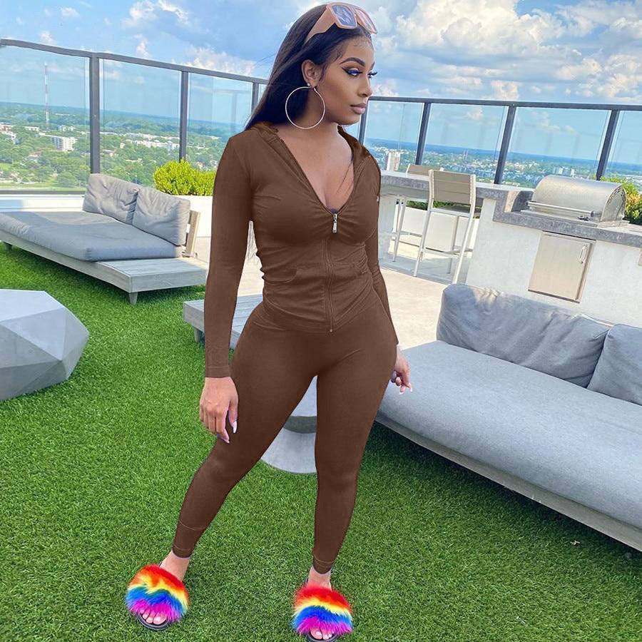 Women Summer Sports Hooded Full Sleeves Solid Pockets Regular Two Piece Pants Set 7