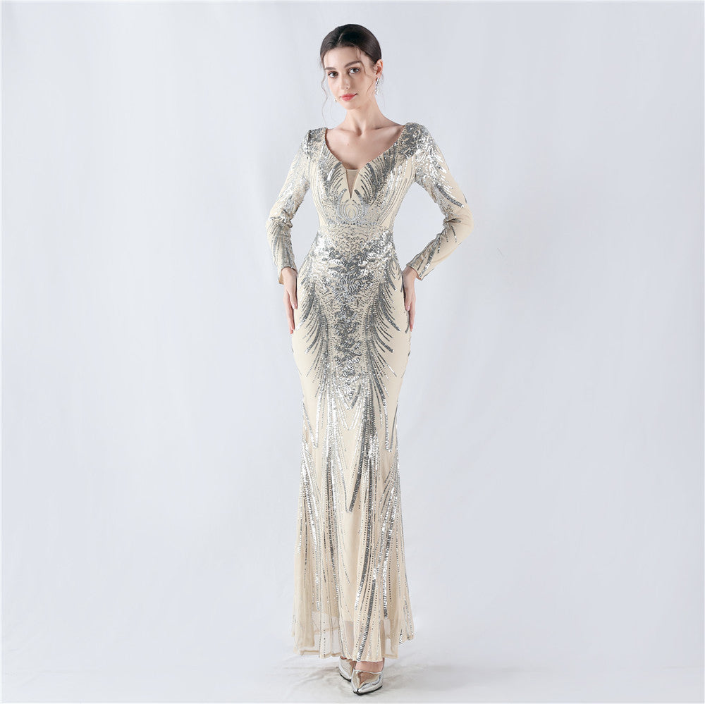 Women Positioning Flower Beaded Long Sleeve Evening Dress 14