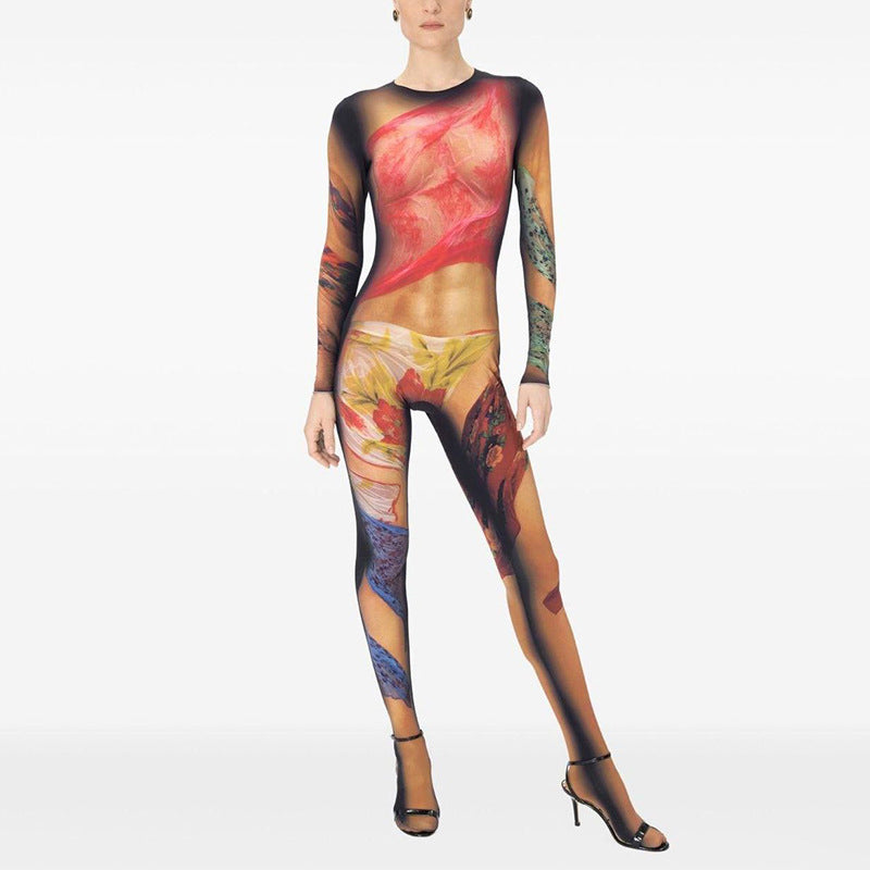 Women Body Painting Print Round Neck Long Sleeve Leg-Connected Jumpsuit 13