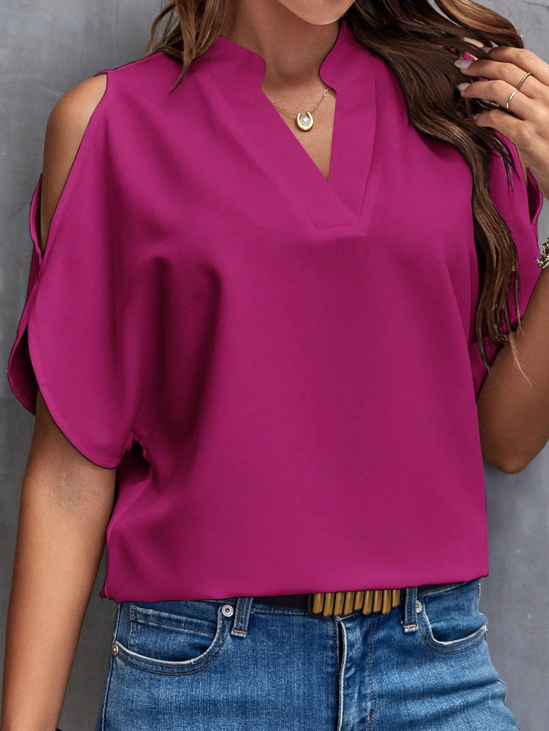 Women's Summer Solid Color V-Neck Cutout Short Sleeves Chic Fashion Women's Top 11