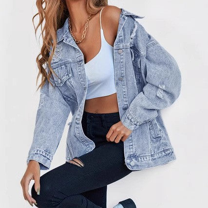 Fashion Shirt Women's Loose Pocket Denim Jacket 7