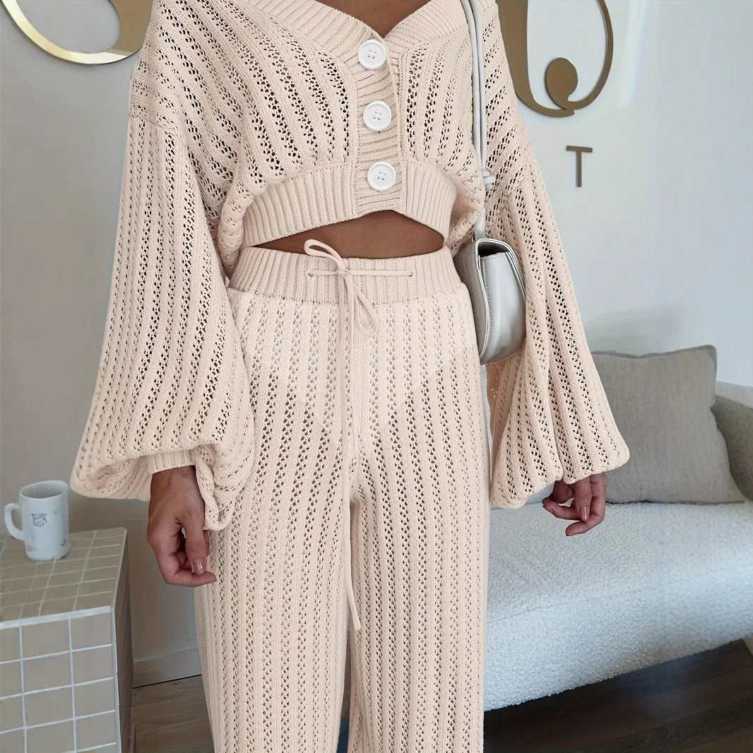 Knitting Suit Women's Casual Solid Color Sweater Cardigan High Waist Trousers Two-Piece Set
