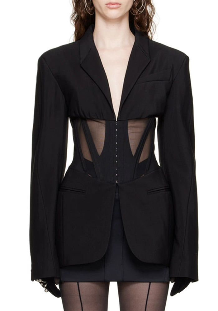 Women Fall French Career Casual mesh Patchwork See-Through Blazer