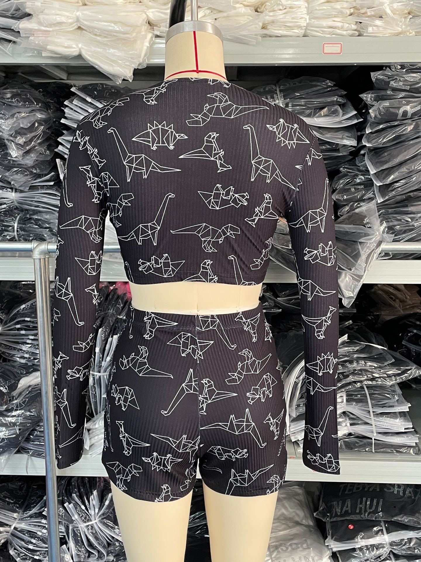 Women's Casual Summer Button Crop Long-Sleeved T-Shirt Tight Fitting Shorts Two Piece Set For Women 8