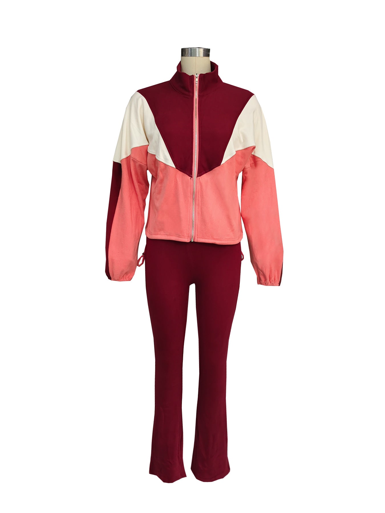 Women color matching zipper top and pant sports two piece set 7