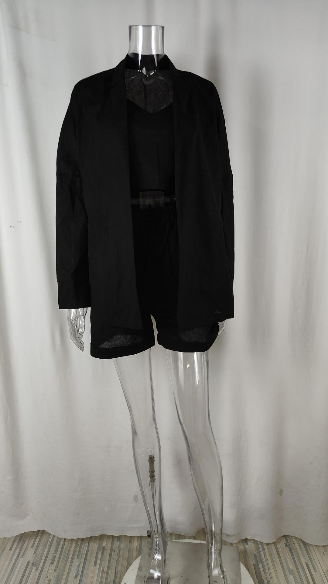 Spring Women's Chic Solid Color Vest Shorts Blazer Three Piece 15