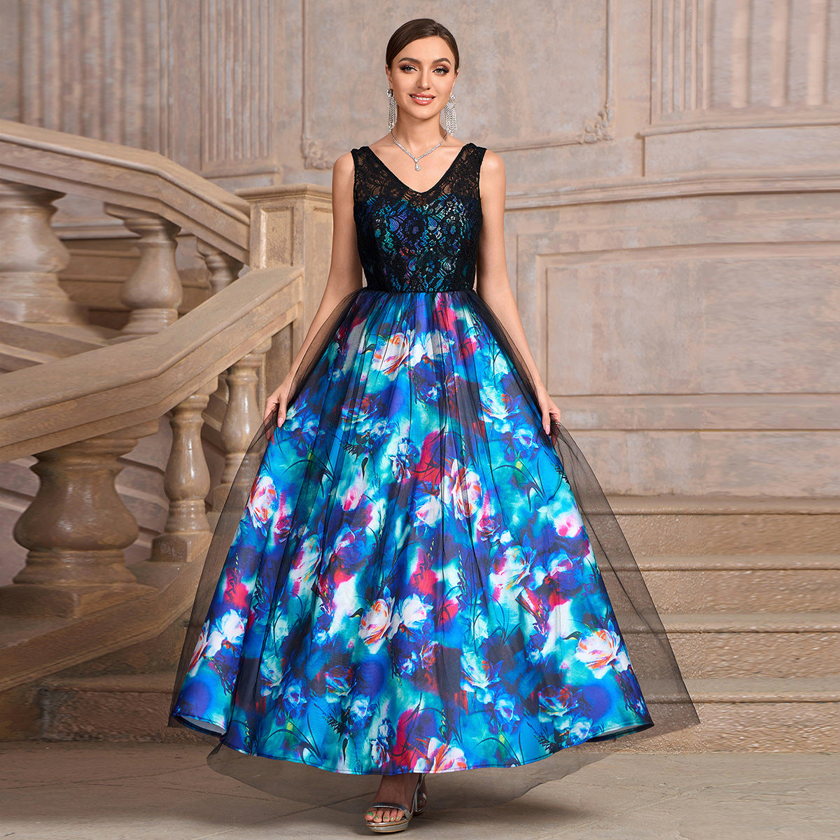 Women blue sleeveless v-neck printed black mesh patchwork flower print dress 3