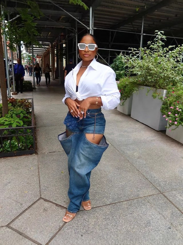 Women Symmetrical Ripped Washed Denim Pants 4