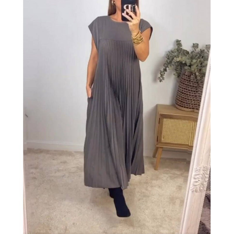 Women Round Neck Sleeveless Pleated Dress 9