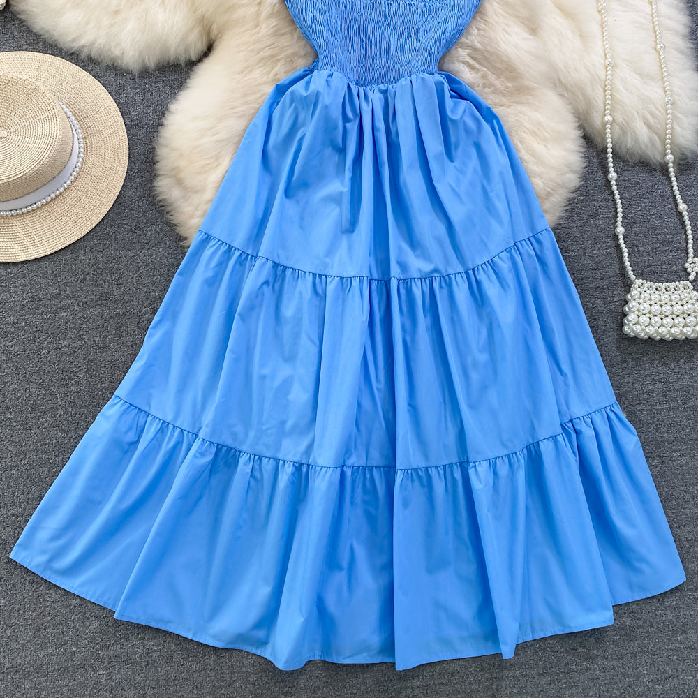 Retro Chic Sleeveless Slash Shoulder Slim Waist Slim Fit Beach Holidays A-Line Long Dress 58