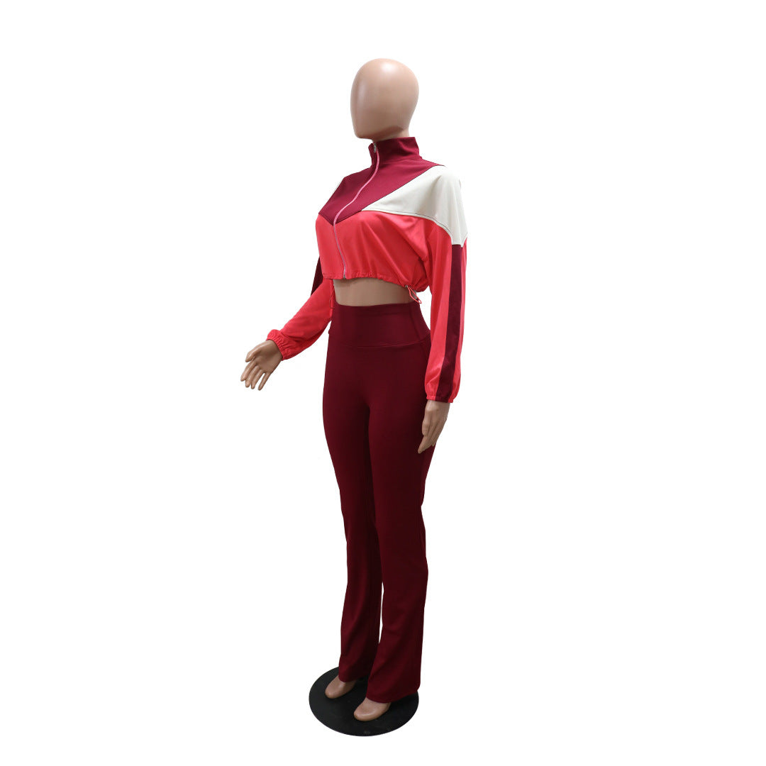 Women Contrast Color Long Sleeve Top and Pants Two-Piece Set 12