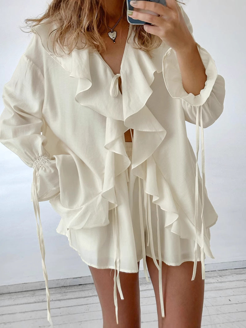 Women Spring Summer Ruffle Lace-Up Casual Top and Pocket Shorts Two-Piece Set 6