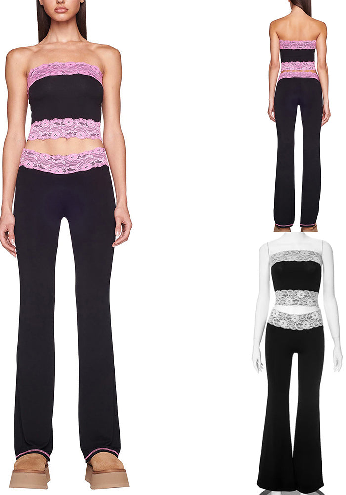 Summer Casual Lace Patchwork Strapless Crop Top and Bell Bottom Pants Set