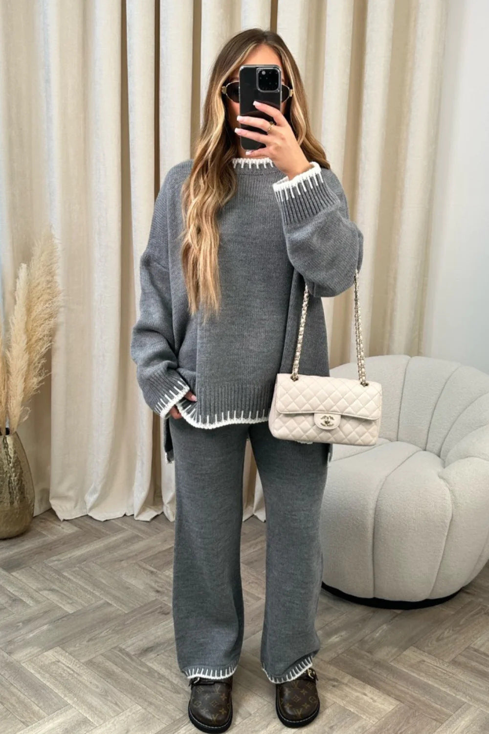 Autumn Winter Fashion Solid Color Sweater Pants Casual Loose Two-Piece Set 3