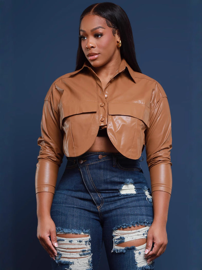 Fashionable Women's Long Sleeve Turndown Collar Single-Breasted Pocket Pu Leather Jacket 5