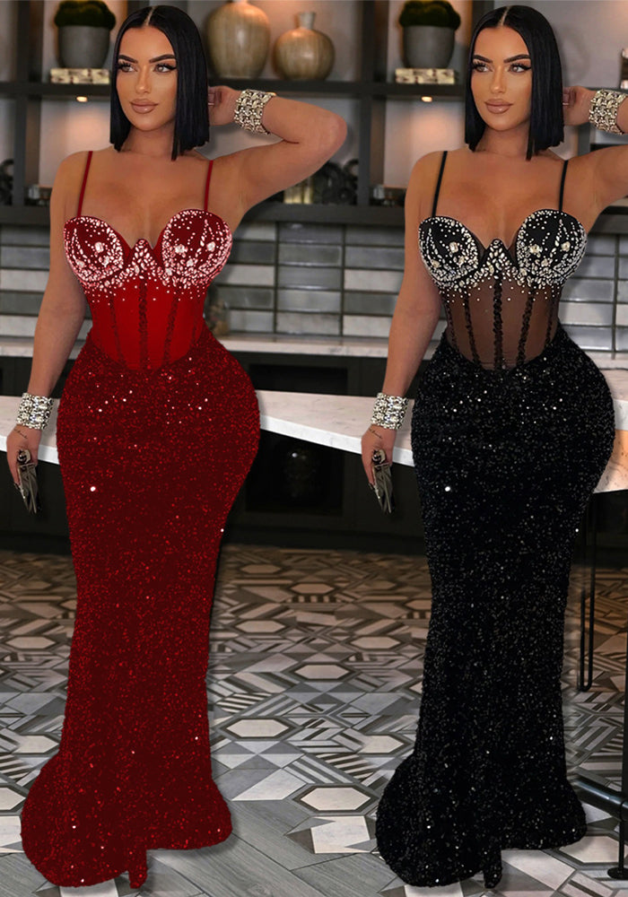 Women Velvet Sequin Beaded Strap Long Party Dress Dress