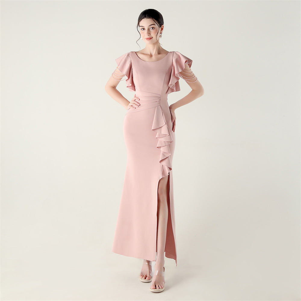 Women beaded tube V neck ruffle draped bead chain bead formal party evening dress 6