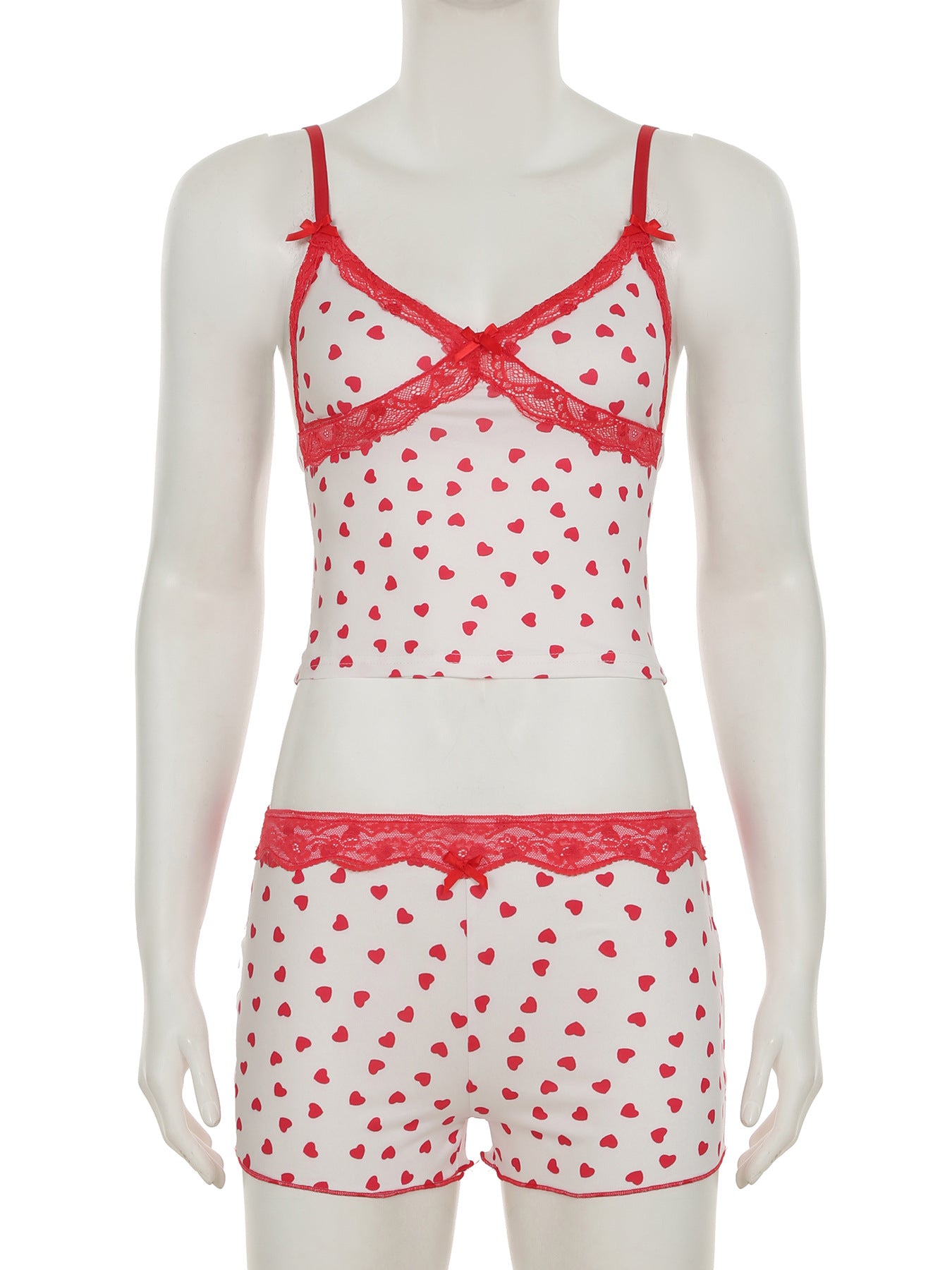 Women Heart Print Lace V-Neck Suspender Top and Shorts Two Piece Set 5