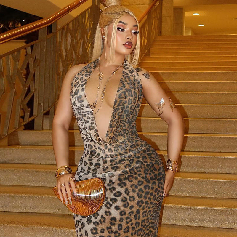 Women's Leopard Print Deep V-Neck Sleeveless Low Back Long Dress 3