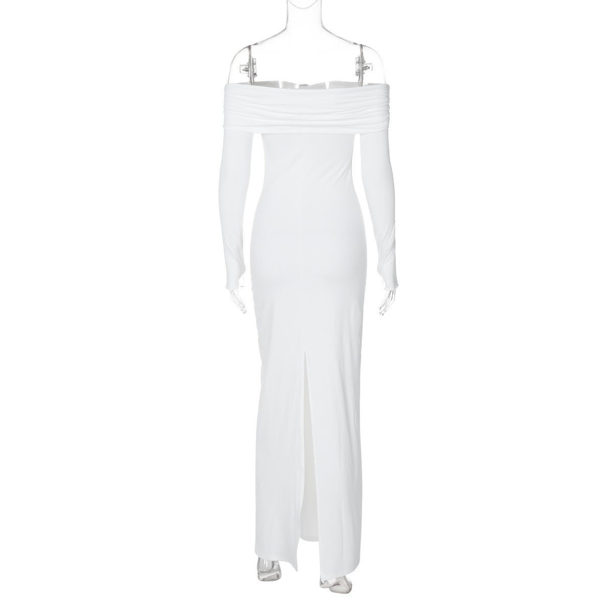 Women's autumn sexy Off Shoulder long sleeve solid color slit long dress 11