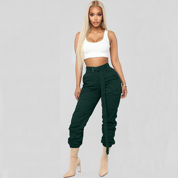 Women Solid Casual Cargo Pants with Belt 12