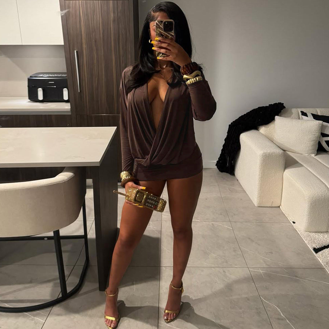 Autumn Outfit Sexy Fashion Deep V-Neck Long Sleeve Bodycon Dress 3