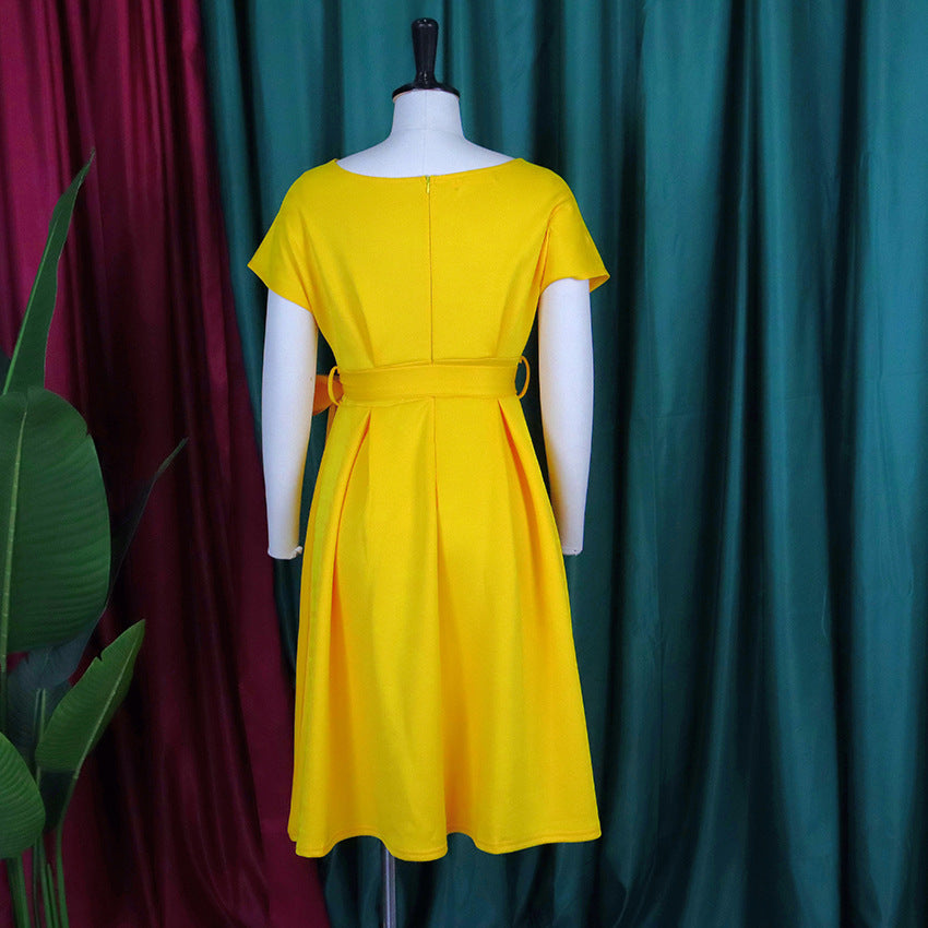 Summer V-Neck Solid Color Slim Waist Bow Lace-Up A-Line Dress 30