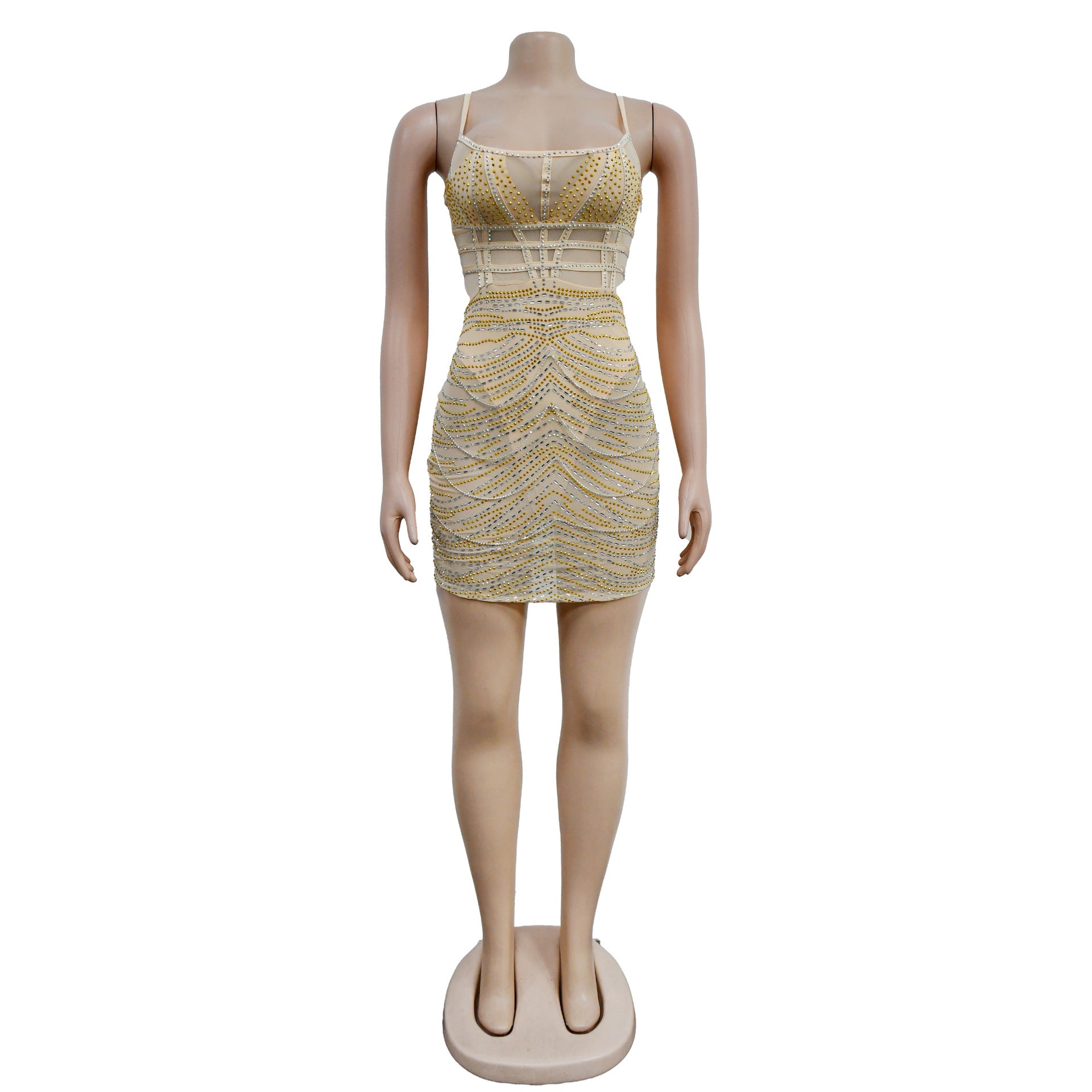 Women's Fashion Solid Color Camisole Sleeveless Mesh Beaded Dress 23