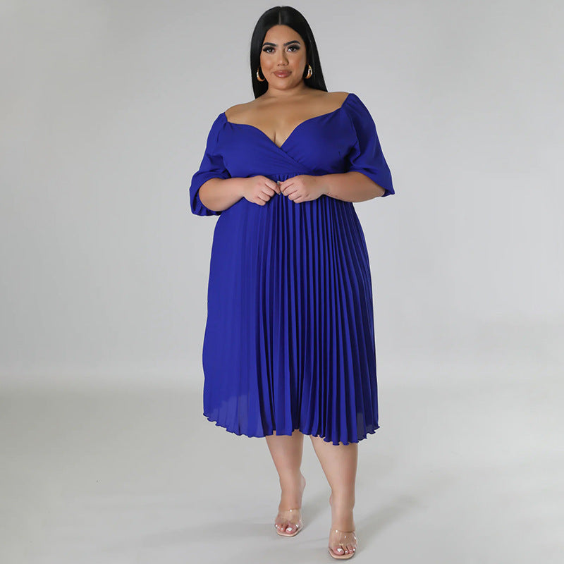 Women's V Neck Hem Pleated Short Sleeves Plus Size Dress 5