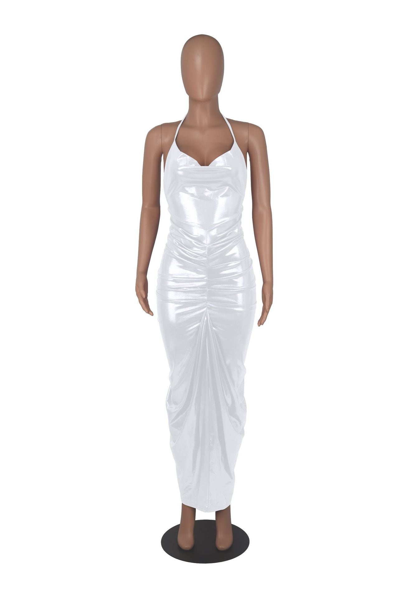 Spring Summer Chic Dress Solid Color Deep v Halter Neck Pleated Sexy Bodycon Dress 25