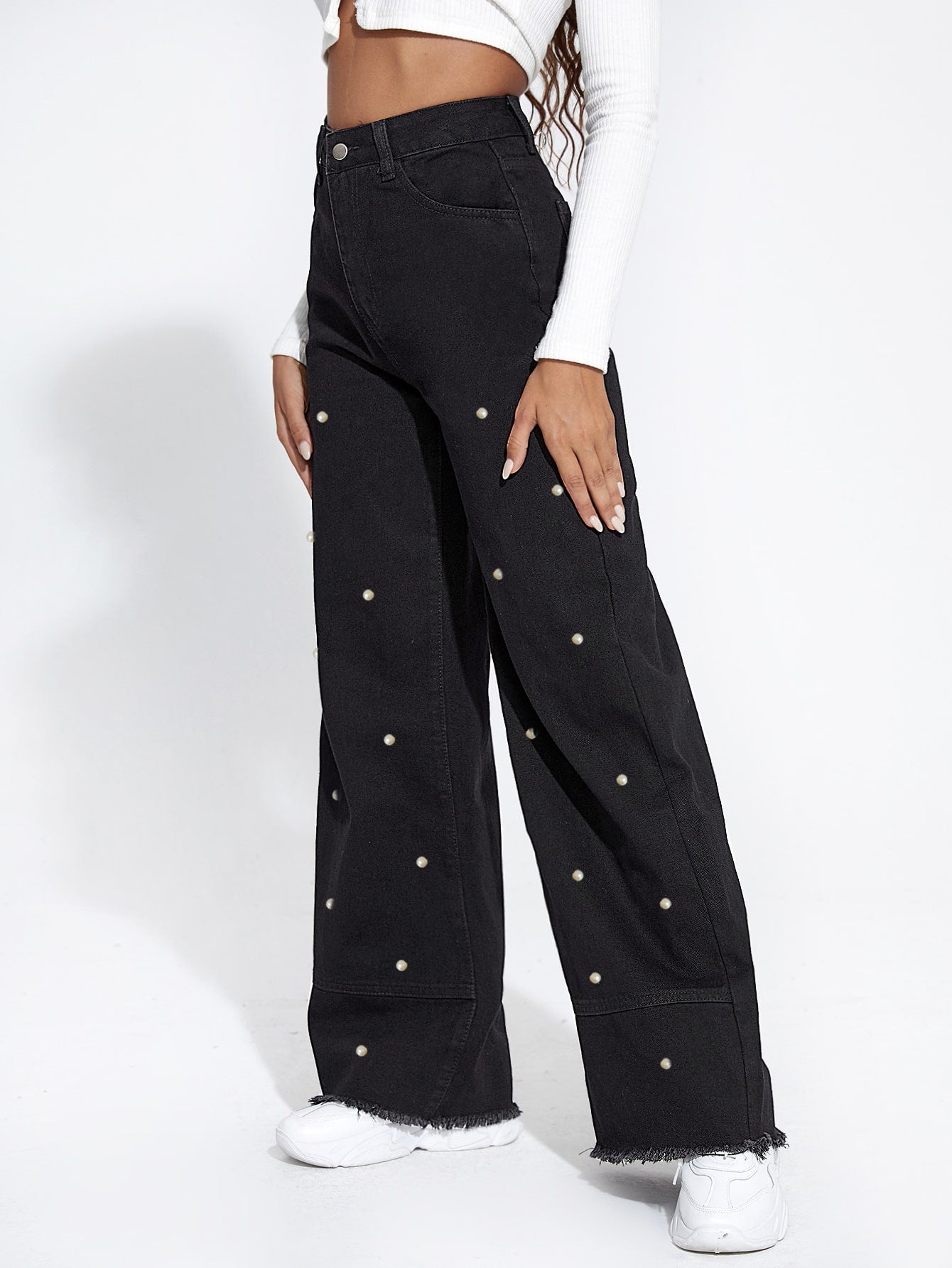 Women Pearl Wide Leg Denim Pants 4