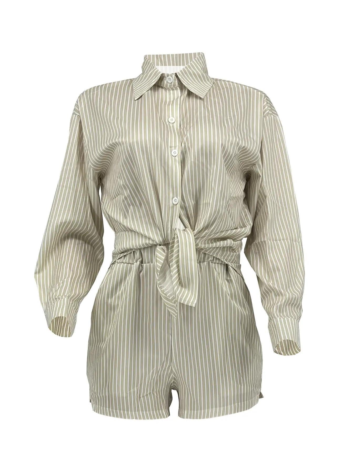 Women Spring Summer Holidays Long Sleeve Shirt Striped Shorts Two Piece Set 8