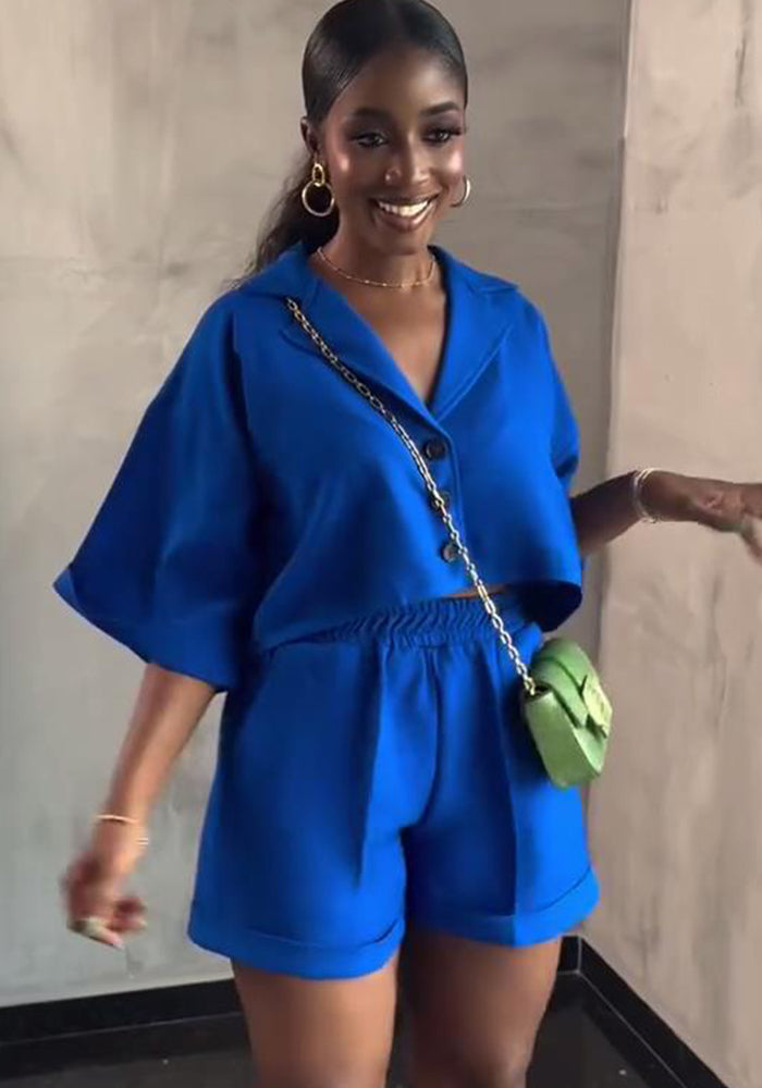 Women's Casual Short-Sleeve Loose Shirt Shorts African Solid Color Two-Piece Set