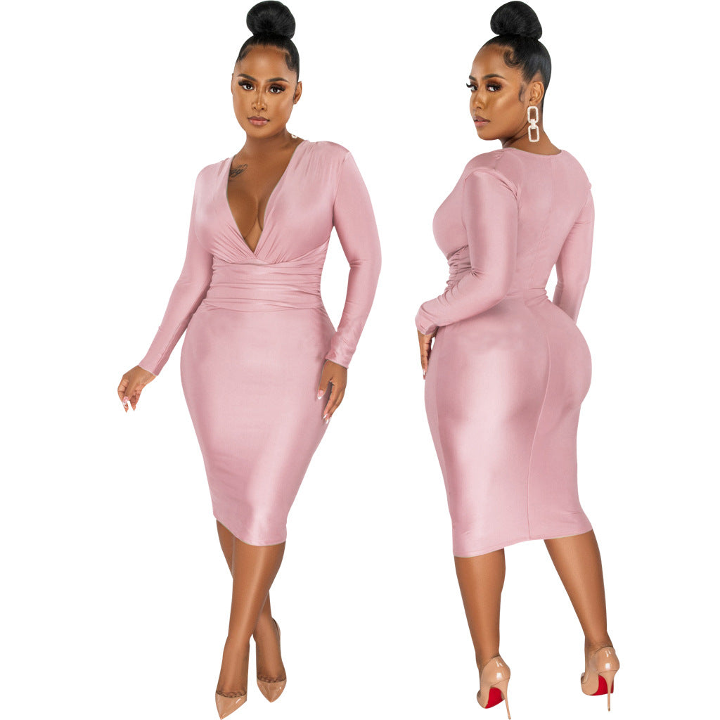 Women Sexy Solid Shiny Long Sleeve V-Neck Dress 3