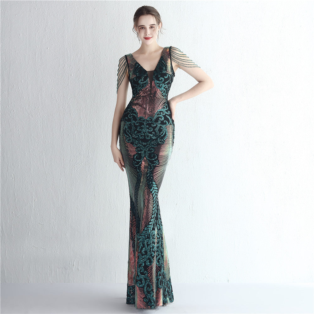 Elegant Positioning Flower Sequined Beaded Short-Sleeved Long Fishtail Evening Dress 7
