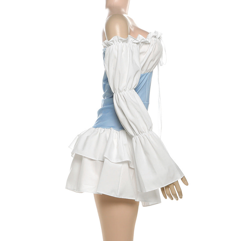 Autumn Women's Sexy Color Block Off Shoulder Puff Sleeve Slim Waist Casual Dress 11