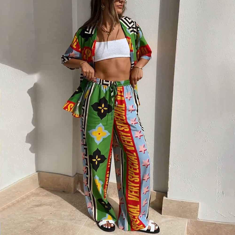 Summer Women Loose Printed Shirt Trousers Two-piece Set 10