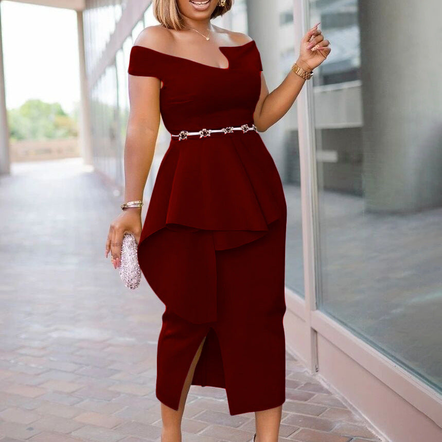 Summer Short-Sleeved Solid Color Slit Off-Shoulder Party Dress 3