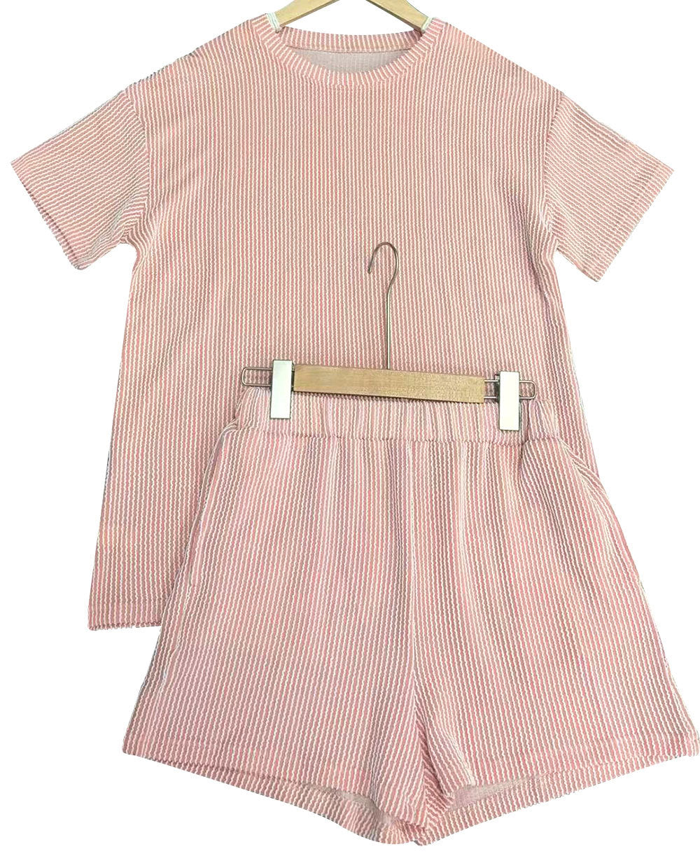 Women Summer Knitting Casual Solid Short Sleeve Top and Shorts Two Piece Set 15